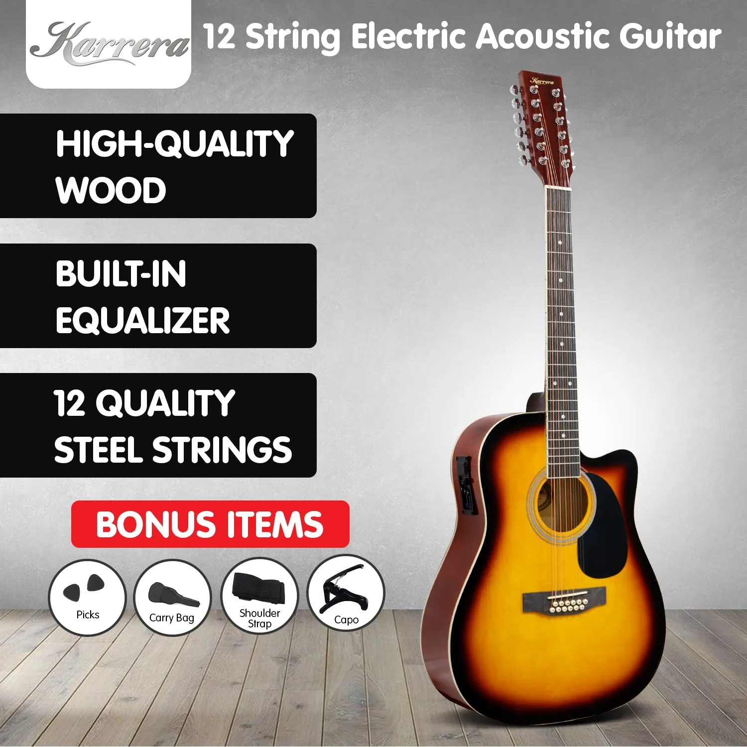 12-String Acoustic Guitar w/ EQ, High-Gloss Finish | Karrera