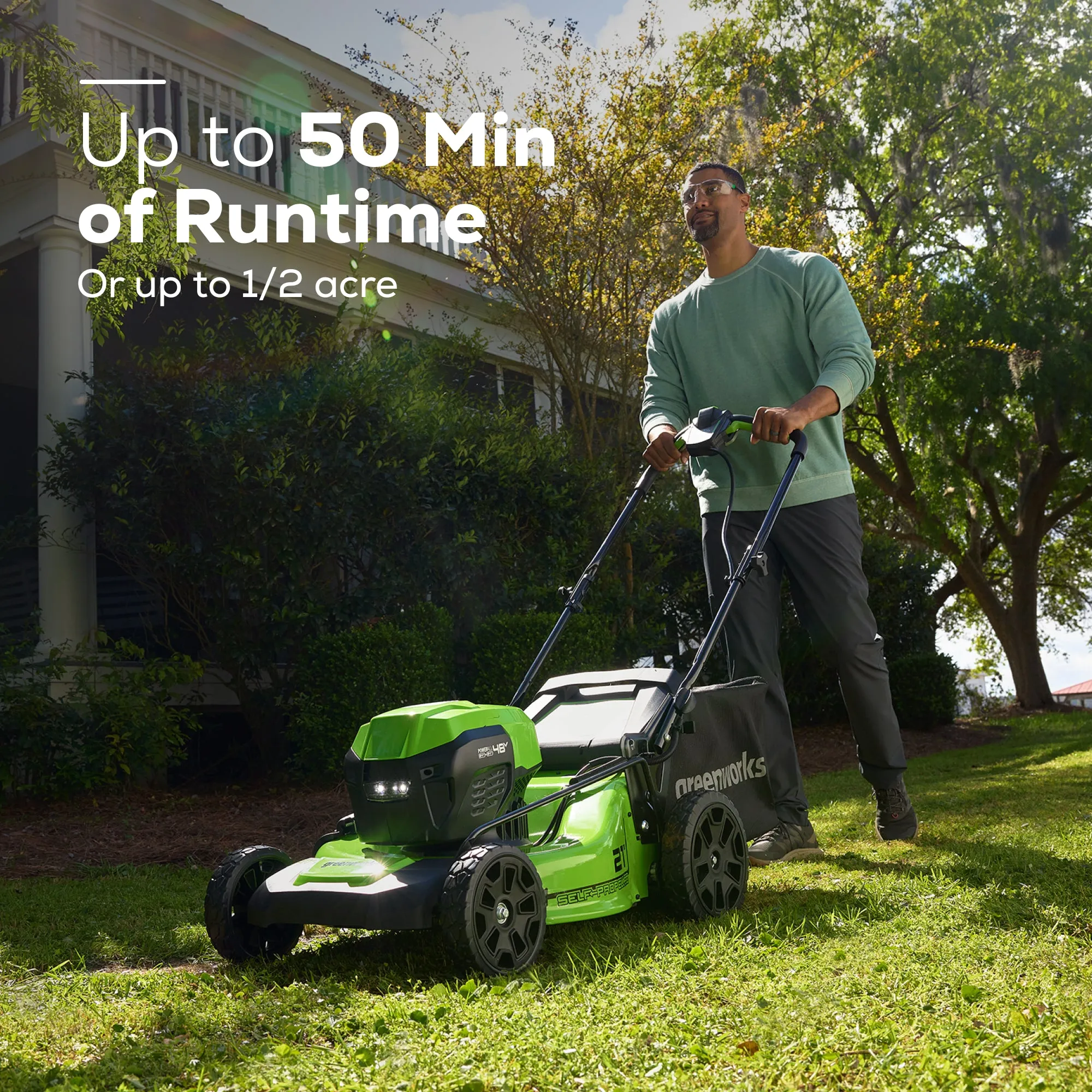 48V (2x24V) 21" Cordless Battery Self-Propelled Lawn Mower w/ Two (2) 5.0Ah USB Batteries & Dual Port Charger