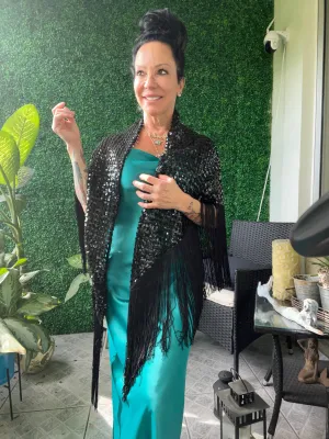 80s Black A stunning black sequin crochet shawl