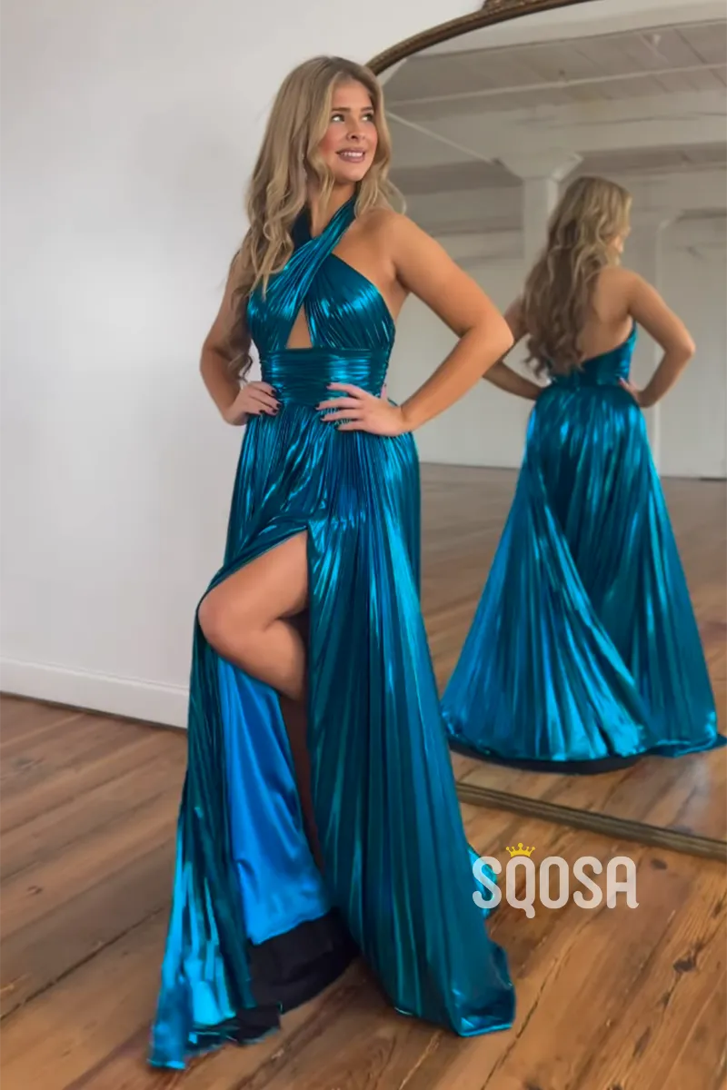 A-Line Navy Blue Satin Criss Cross Halter Long Prom Dress Evening Gowns QP0999B