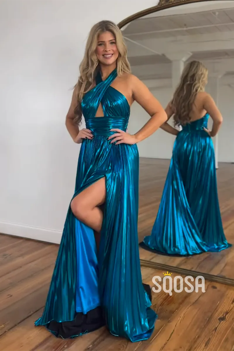 A-Line Navy Blue Satin Criss Cross Halter Long Prom Dress Evening Gowns QP0999B