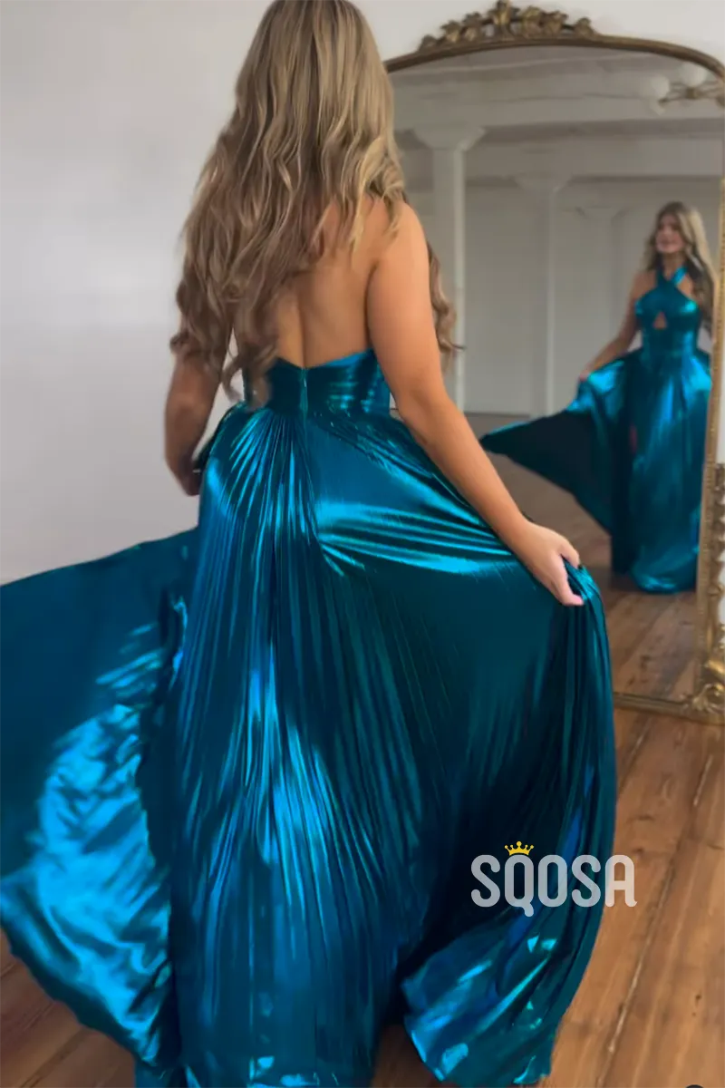 A-Line Navy Blue Satin Criss Cross Halter Long Prom Dress Evening Gowns QP0999B