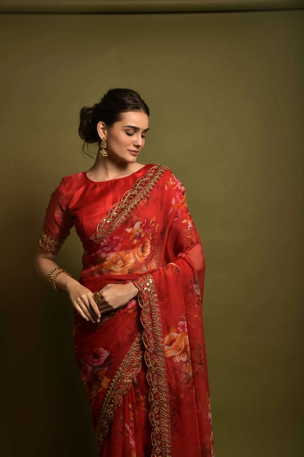 Aastha Fashion Red Georgette Chiffon Flower Print With Foil Work Saree