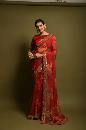 Aastha Fashion Red Georgette Chiffon Flower Print With Foil Work Saree