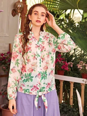 Allover Floral Knot Hem Chiffon Blouse