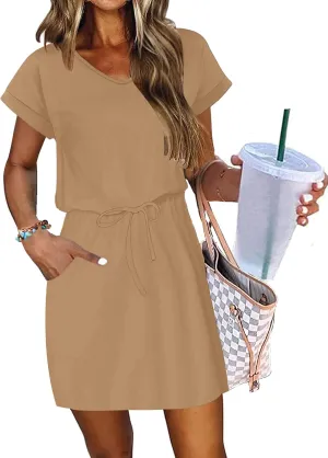 AUSELILY Women's Summer Dress 2025 Short Sleeve Tshirt Drawstring Waist Beach Cover up Casual Mini Short Dresses