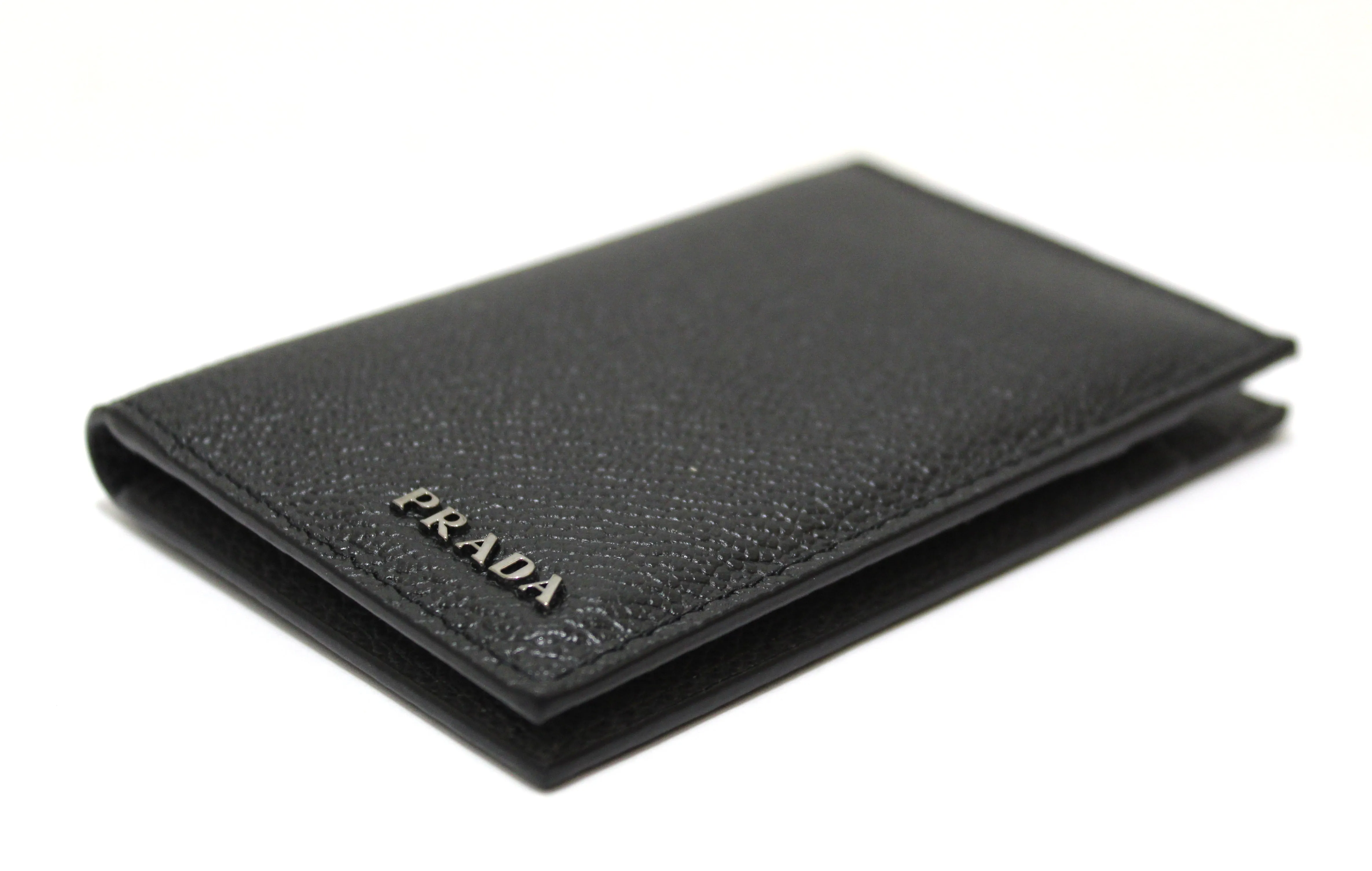 Authentic New Prada Black Calfskin Micro-Grained Leather Bifold Card Holder