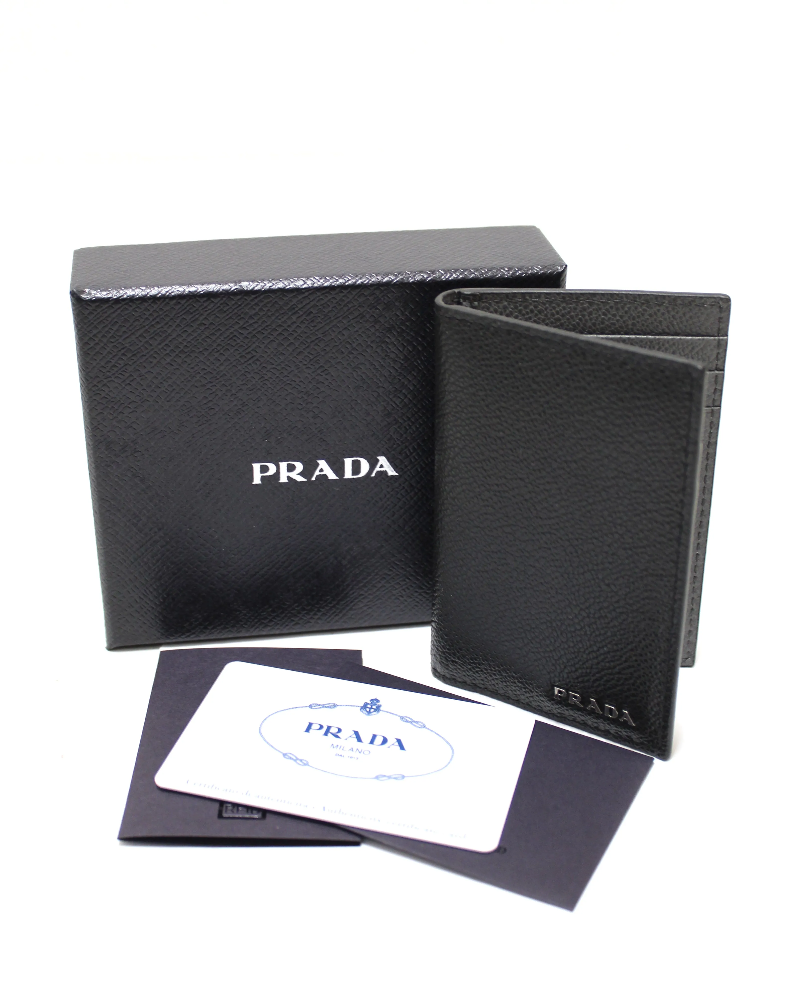 Authentic New Prada Black Calfskin Micro-Grained Leather Bifold Card Holder