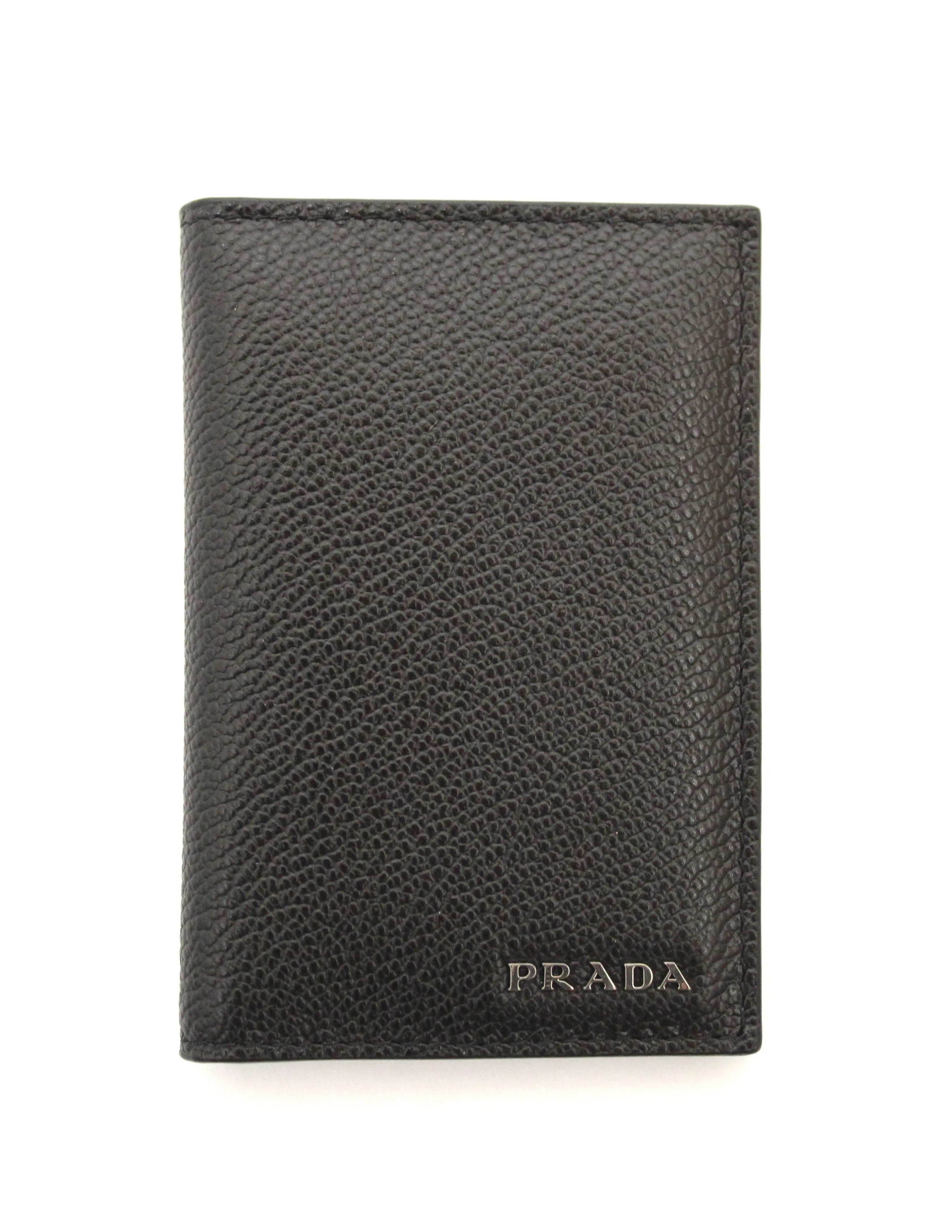 Authentic New Prada Black Calfskin Micro-Grained Leather Bifold Card Holder