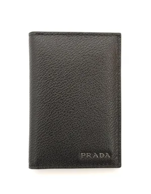 Authentic New Prada Black Calfskin Micro-Grained Leather Bifold Card Holder