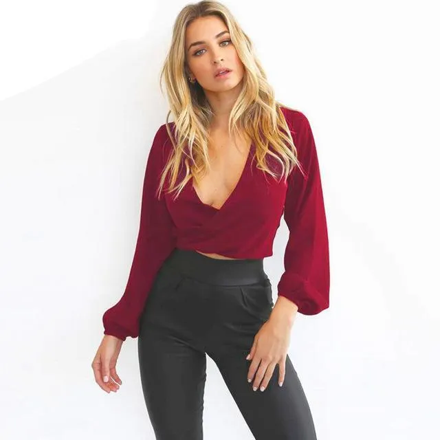 Backless Bow V Neck Chiffon Blouse