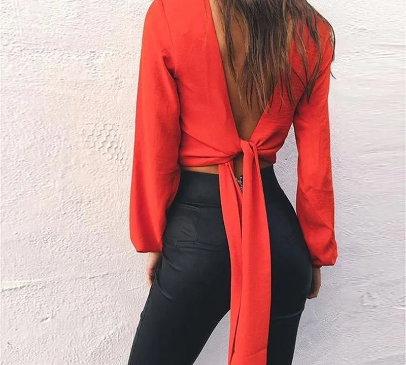 Backless Bow V Neck Chiffon Blouse