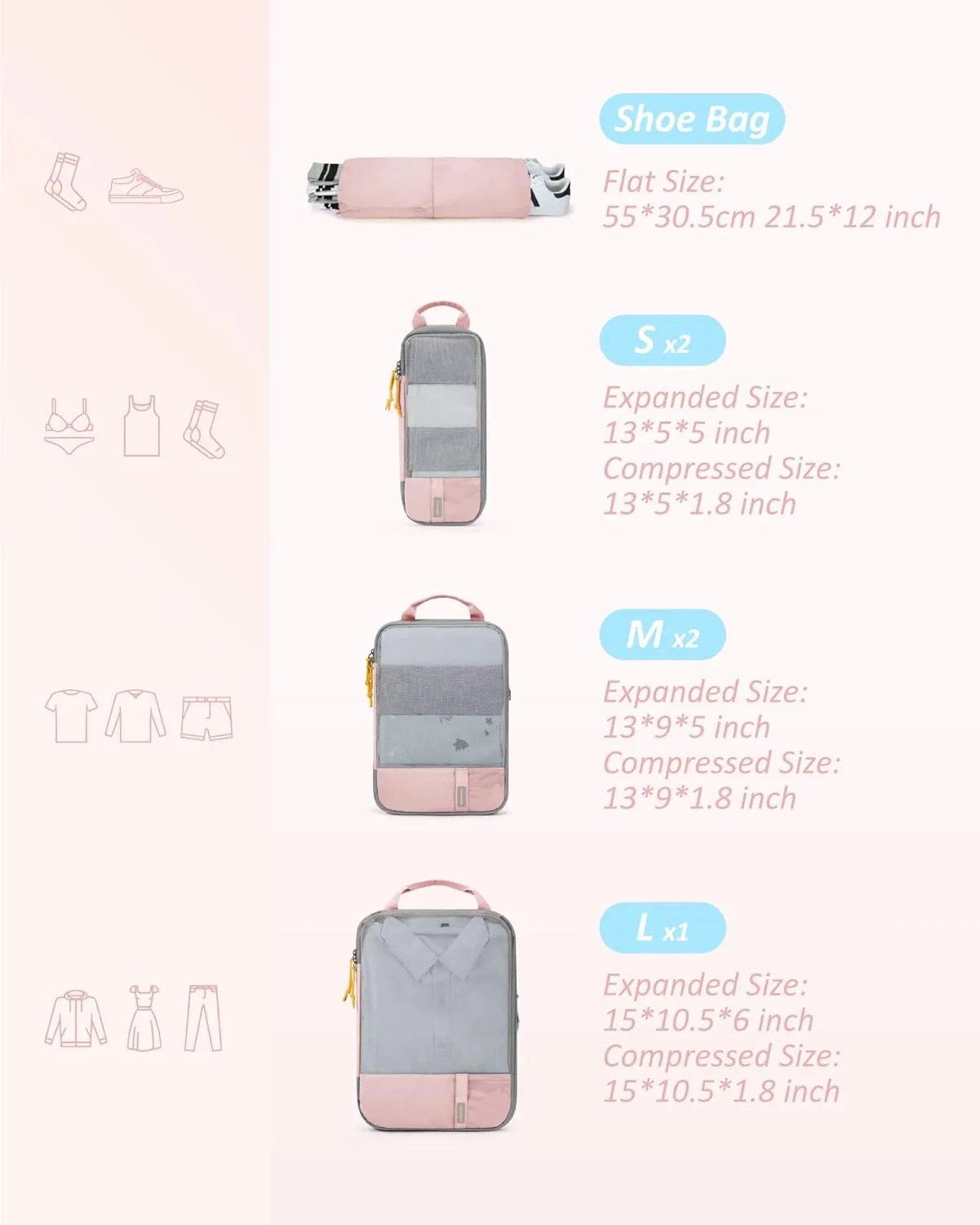 BAGSMART 6 Set Compression Packing Cubes - Lightweight Travel Essentials, Durable Luggage Organizer