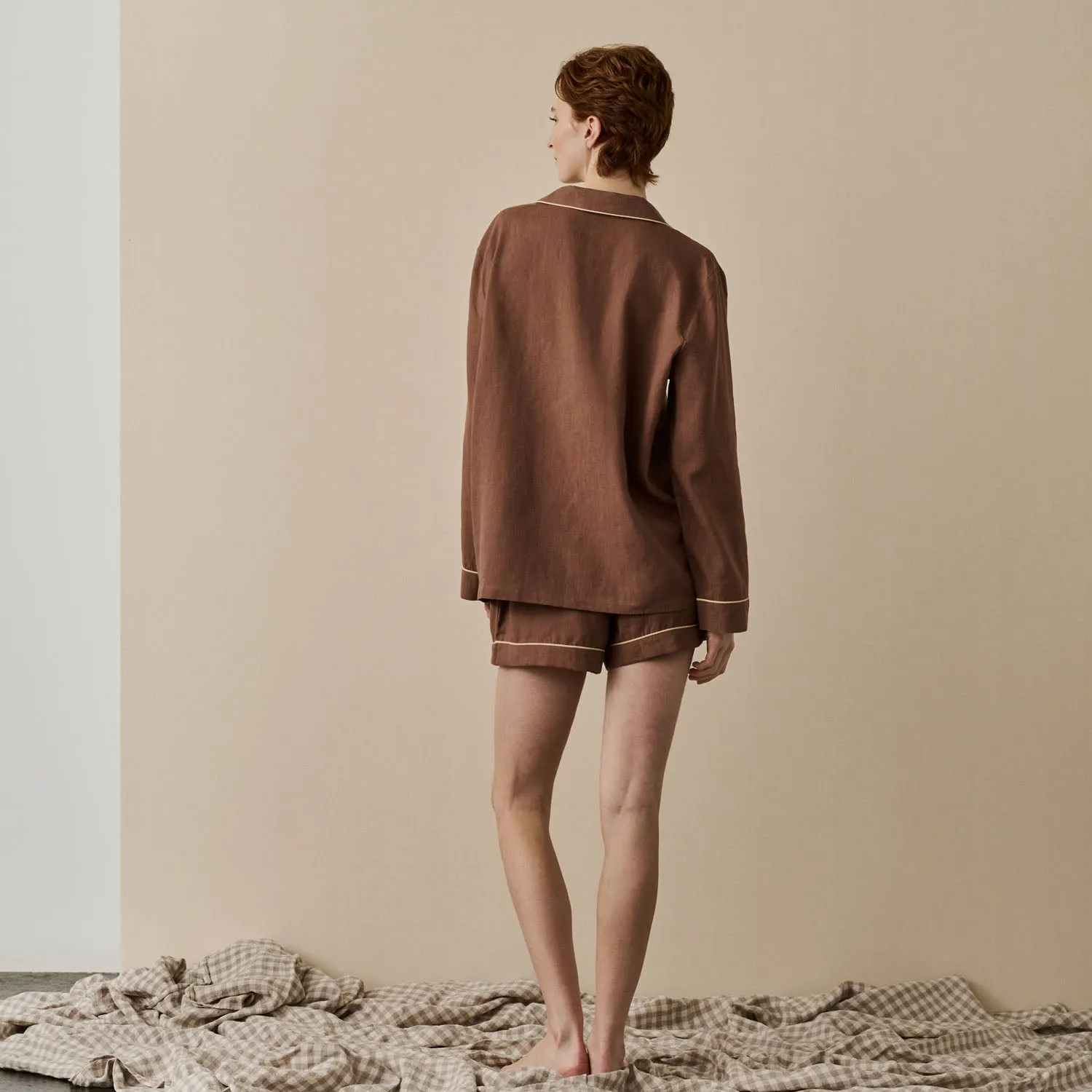 Barley Brown Linen Pajama Shorts Set