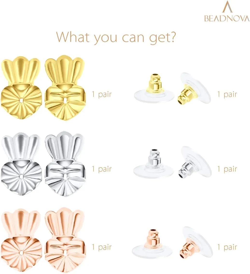 BEADNOVA Magic Earring Lifter Earring Back For Droopy Ear Studs Bullet Clutch With Pad for Heavy Ear Post (Crown Style, 3 Colors Mix - Gold Plated, Silver, Rose Gold)