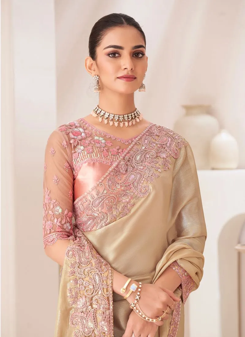 Beige Cream Satin Gold Chiffon Party Saree