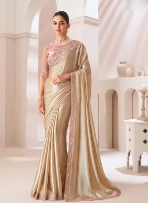 Beige Cream Satin Gold Chiffon Party Saree