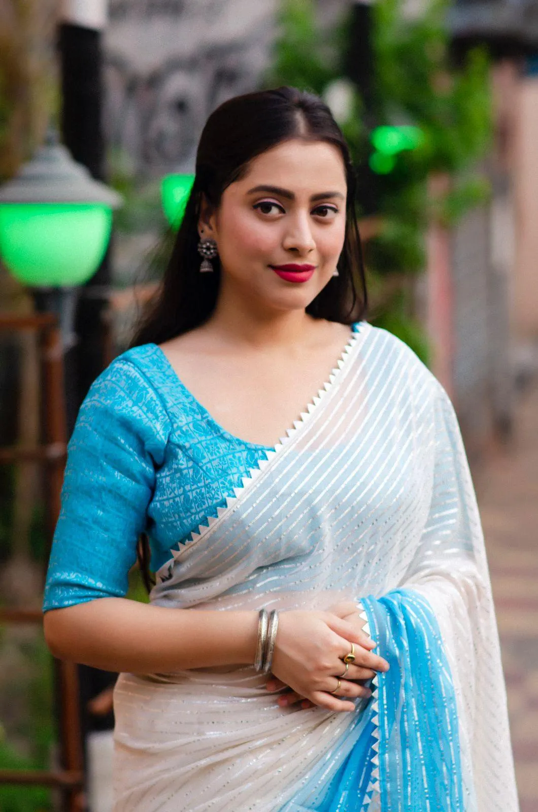 Blue Poly Chiffon Striped Saree with Unstitched Blouse - Hiral Fashion