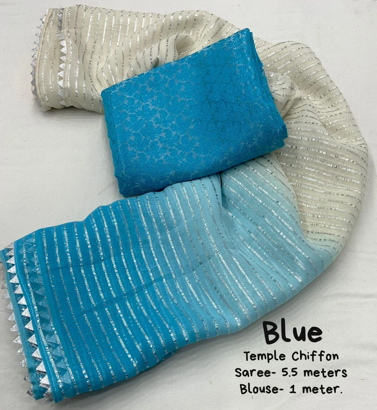Blue Poly Chiffon Striped Saree with Unstitched Blouse - Hiral Fashion