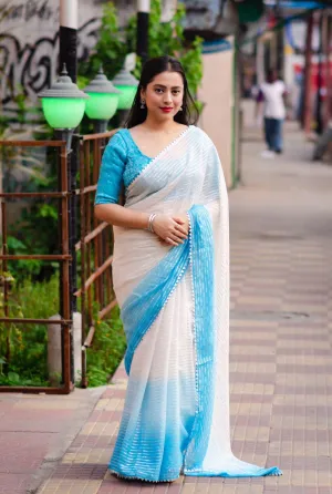 Blue Poly Chiffon Striped Saree with Unstitched Blouse - Hiral Fashion