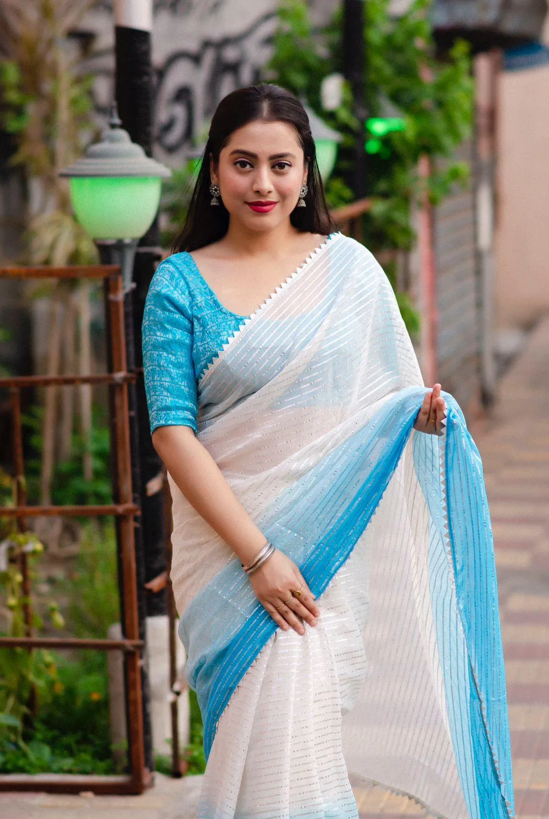 Blue Poly Chiffon Striped Saree with Unstitched Blouse - Hiral Fashion