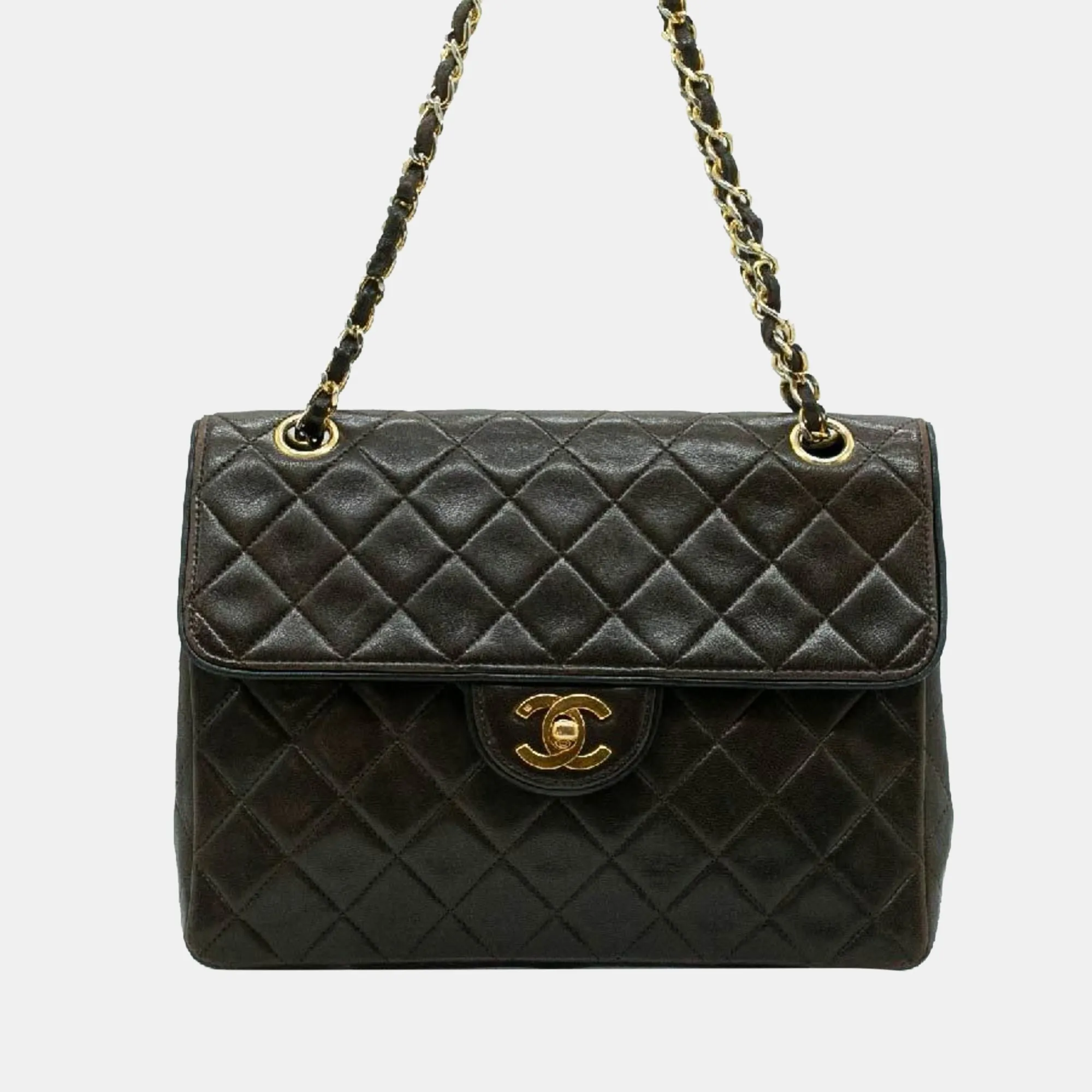 Brown Gold Leather Chain Bag