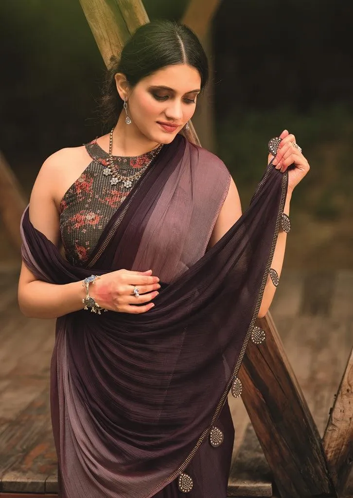 Brown Shaded Velvet Chiffon Saree with Sequined Blouse AN08