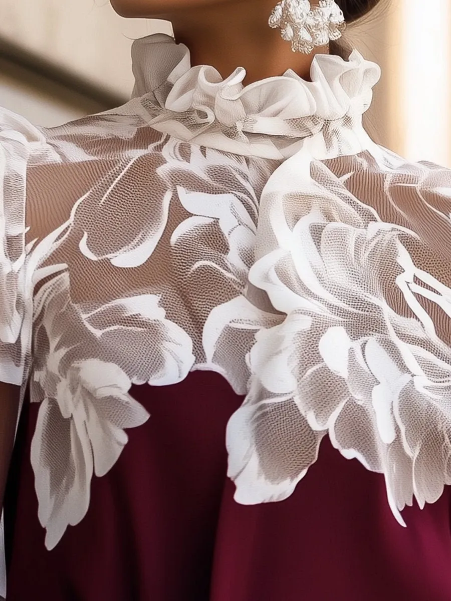 Burgundy Blouse with White Floral Printed
