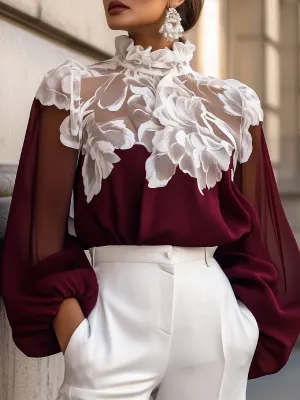 Burgundy Blouse with White Floral Printed