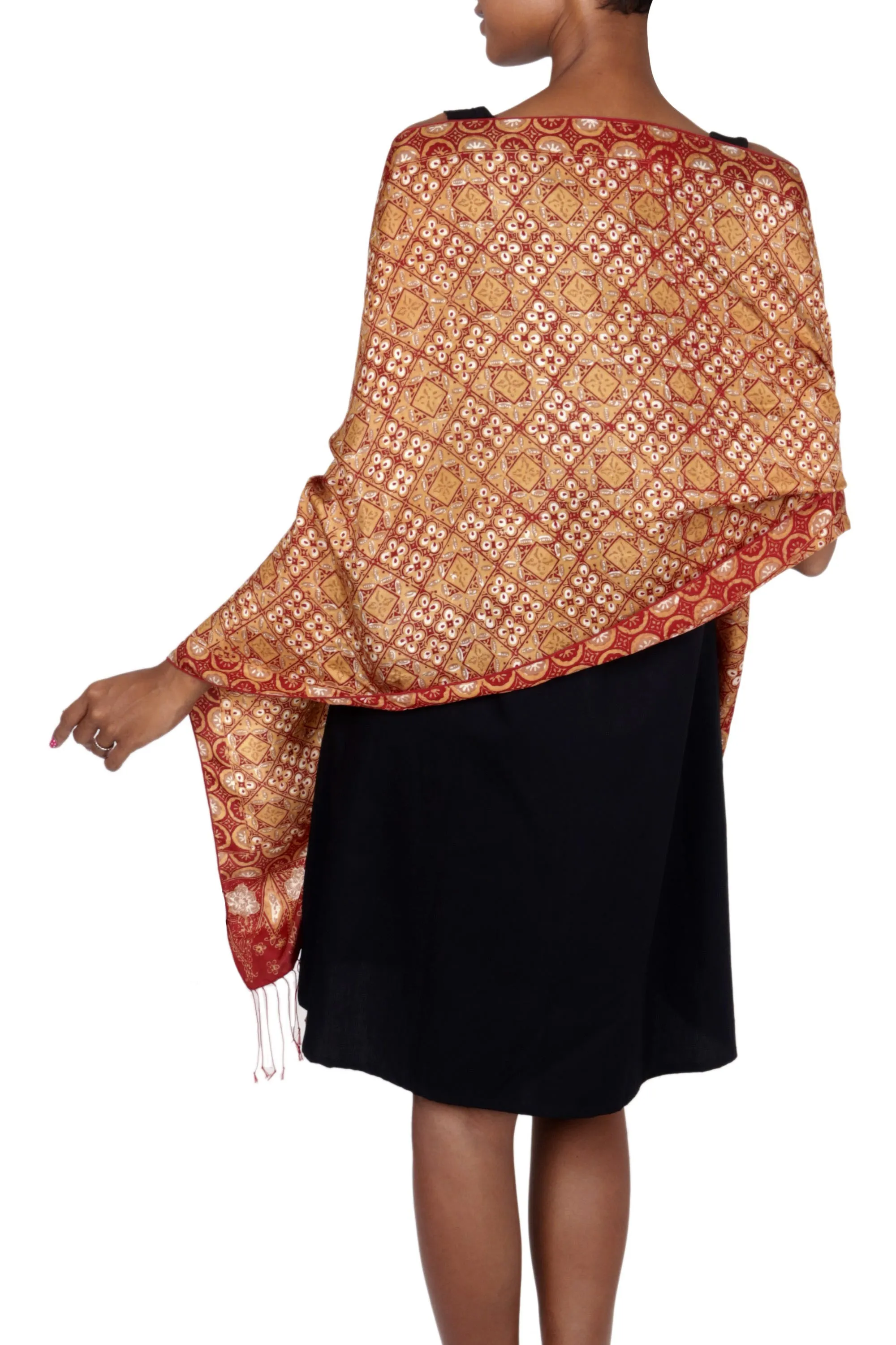 Ceplok Beteng Red and Gold Metallic Hand Stamped Batik Silk Shawl