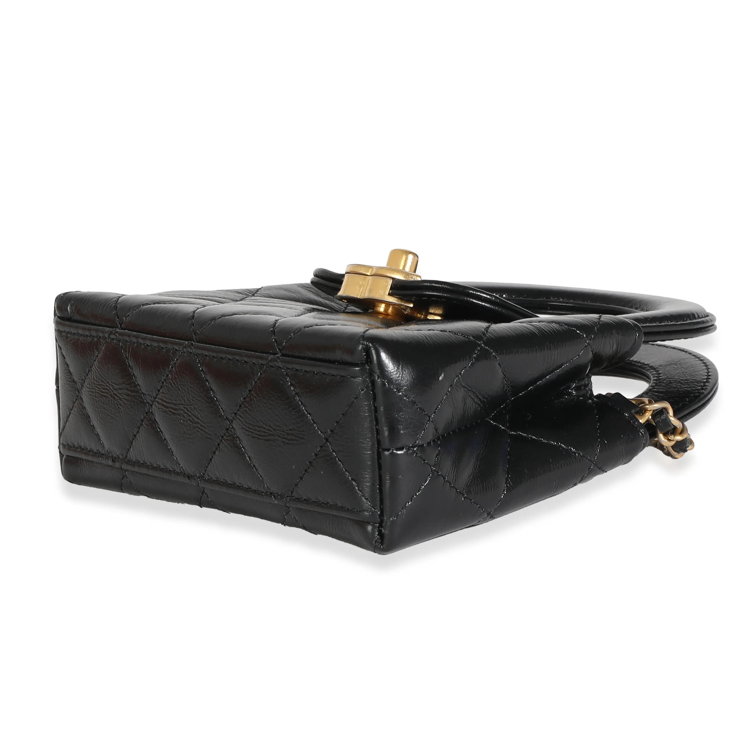 CHANEL 24P Black Quilted Shiny Aged Calfskin Mini Nano Kelly Shopper