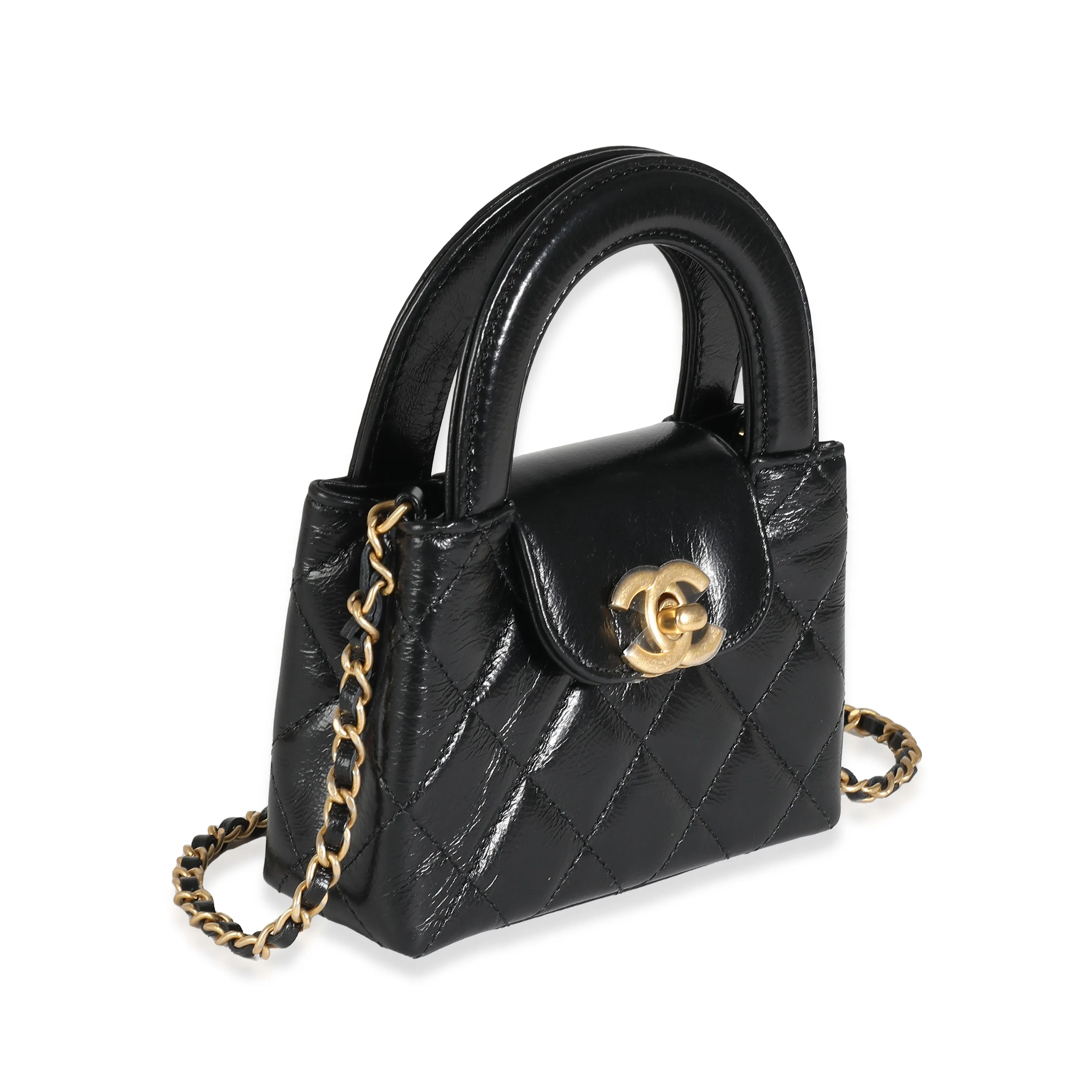 CHANEL 24P Black Quilted Shiny Aged Calfskin Mini Nano Kelly Shopper