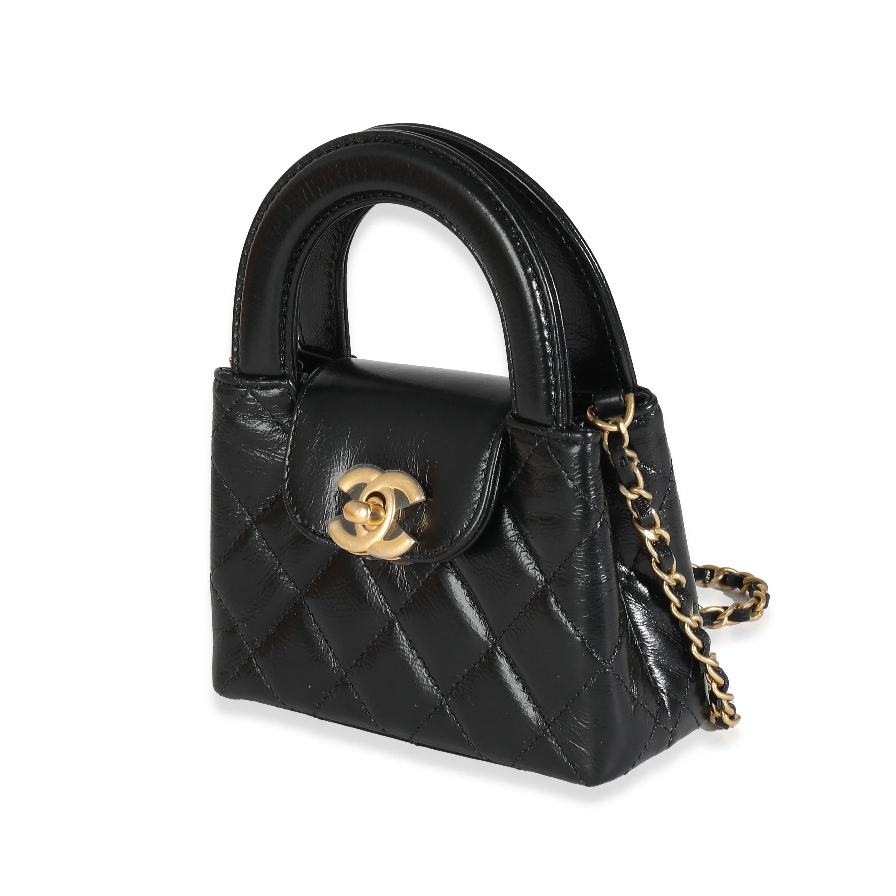 CHANEL 24P Black Quilted Shiny Aged Calfskin Mini Nano Kelly Shopper