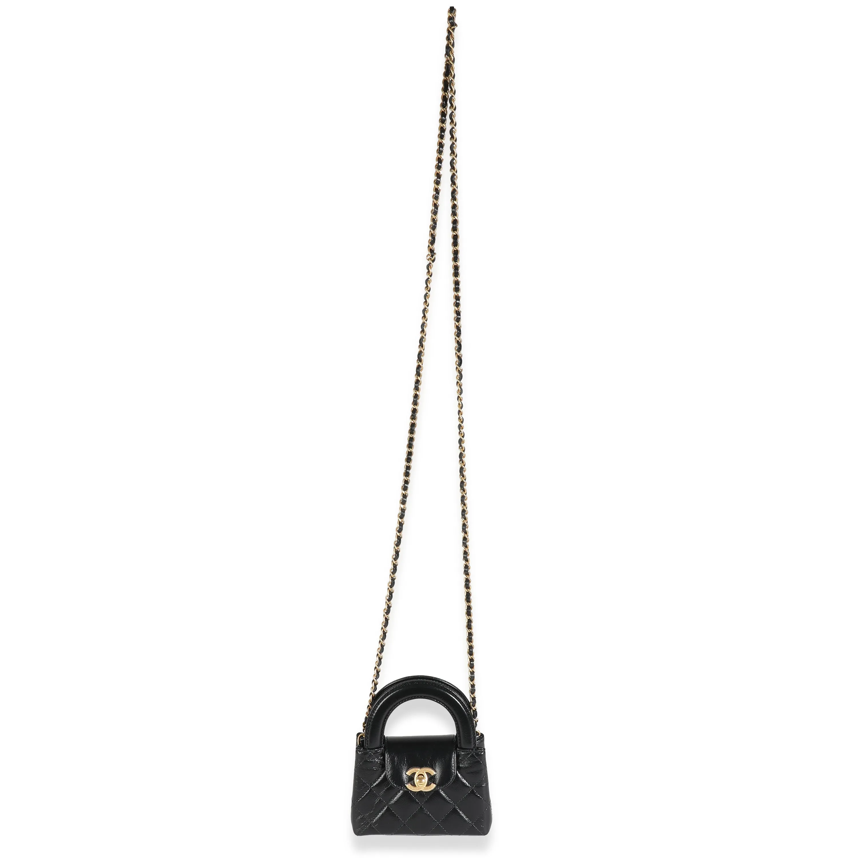 CHANEL 24P Black Quilted Shiny Aged Calfskin Mini Nano Kelly Shopper