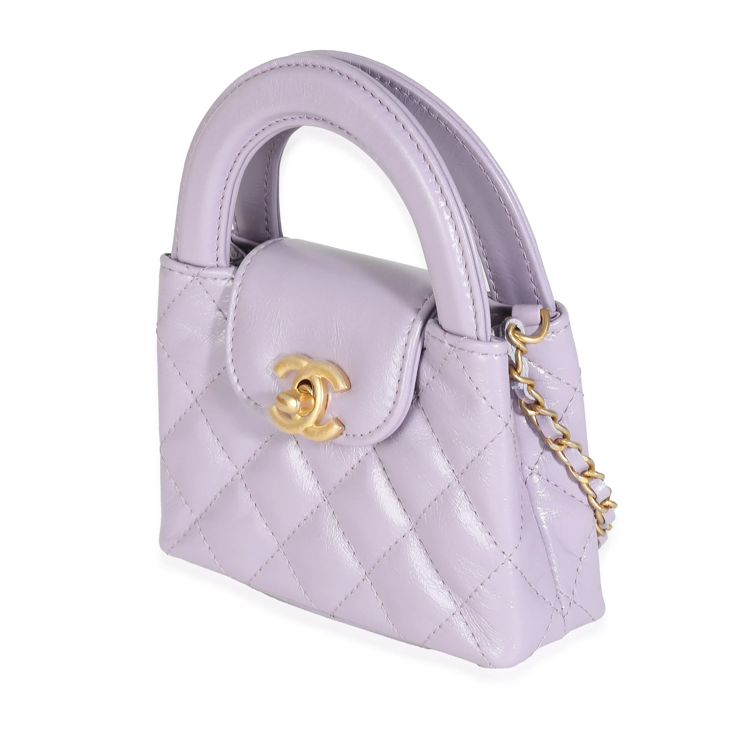 CHANEL 24P Light Purple Quilted Shiny Aged Calfskin Mini Nano Kelly Shopper