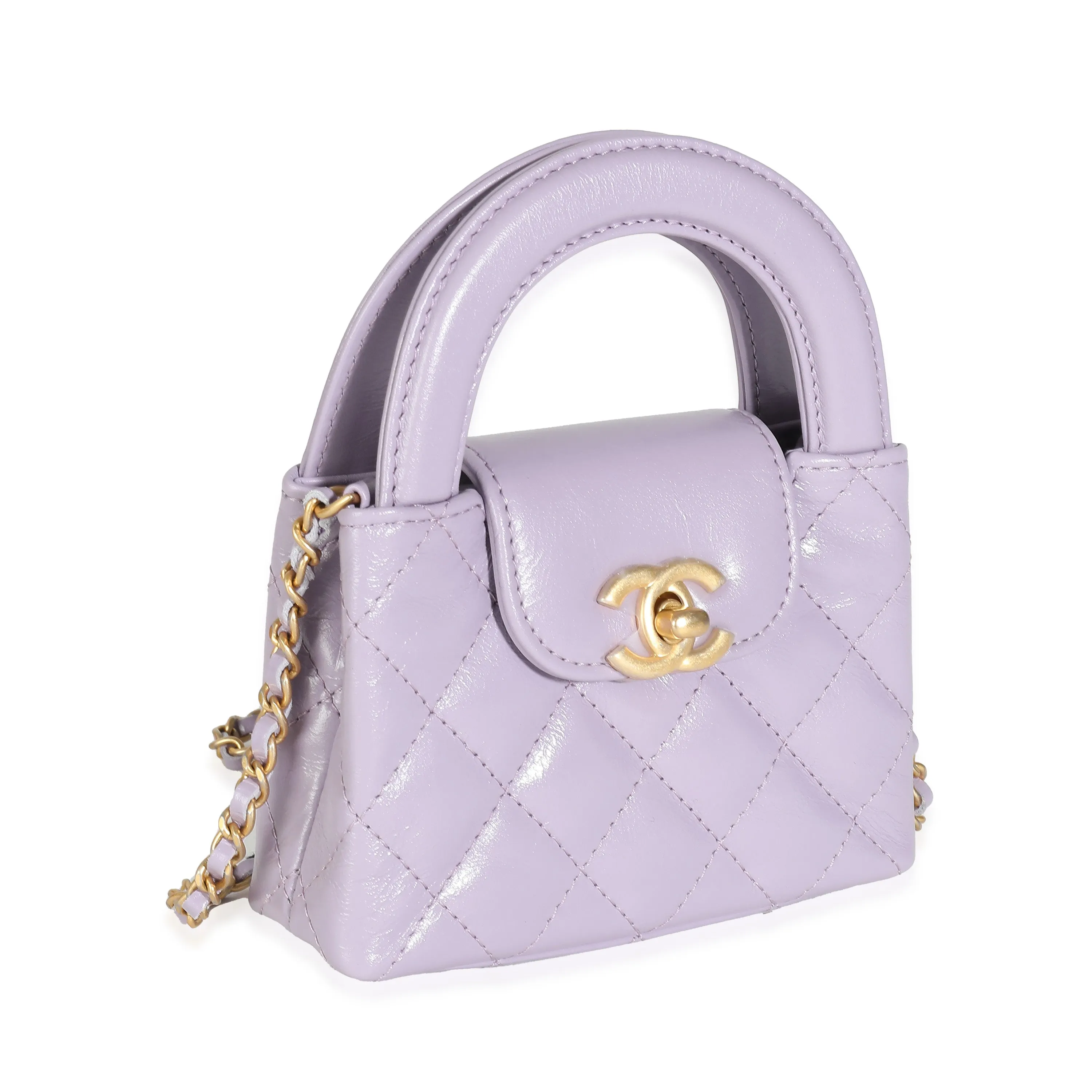 CHANEL 24P Light Purple Quilted Shiny Aged Calfskin Mini Nano Kelly Shopper