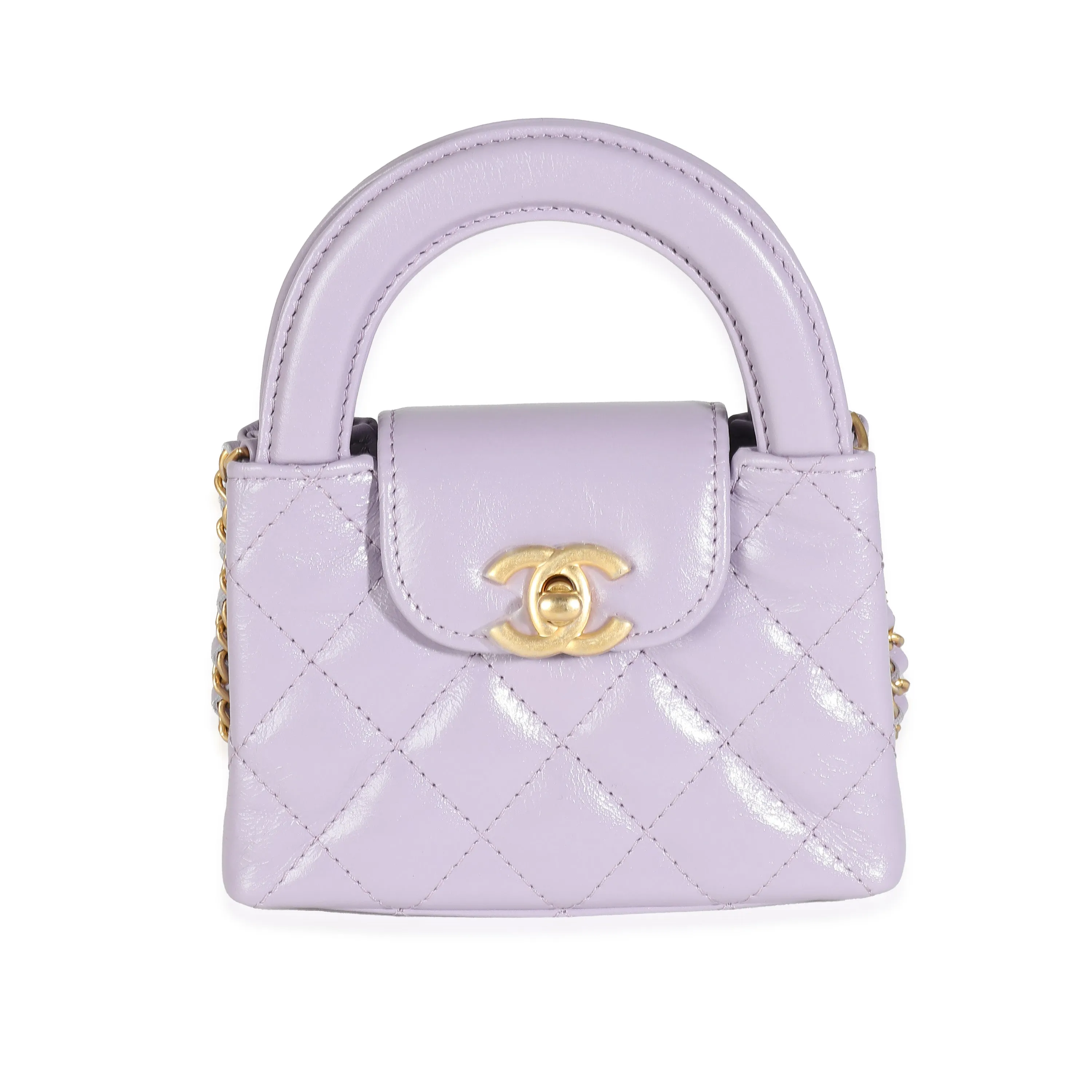 CHANEL 24P Light Purple Quilted Shiny Aged Calfskin Mini Nano Kelly Shopper