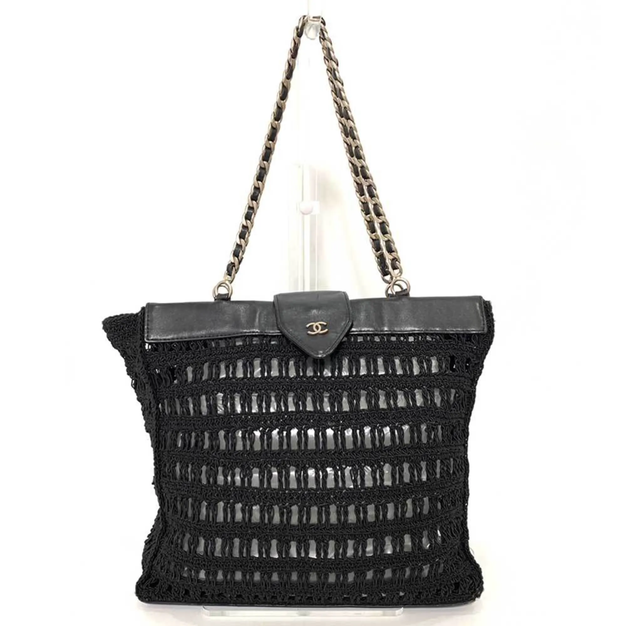 Chanel Bag Chain Tote Black Mesh Stitch HandBag Coco Mark Ladies Canvas x Leather