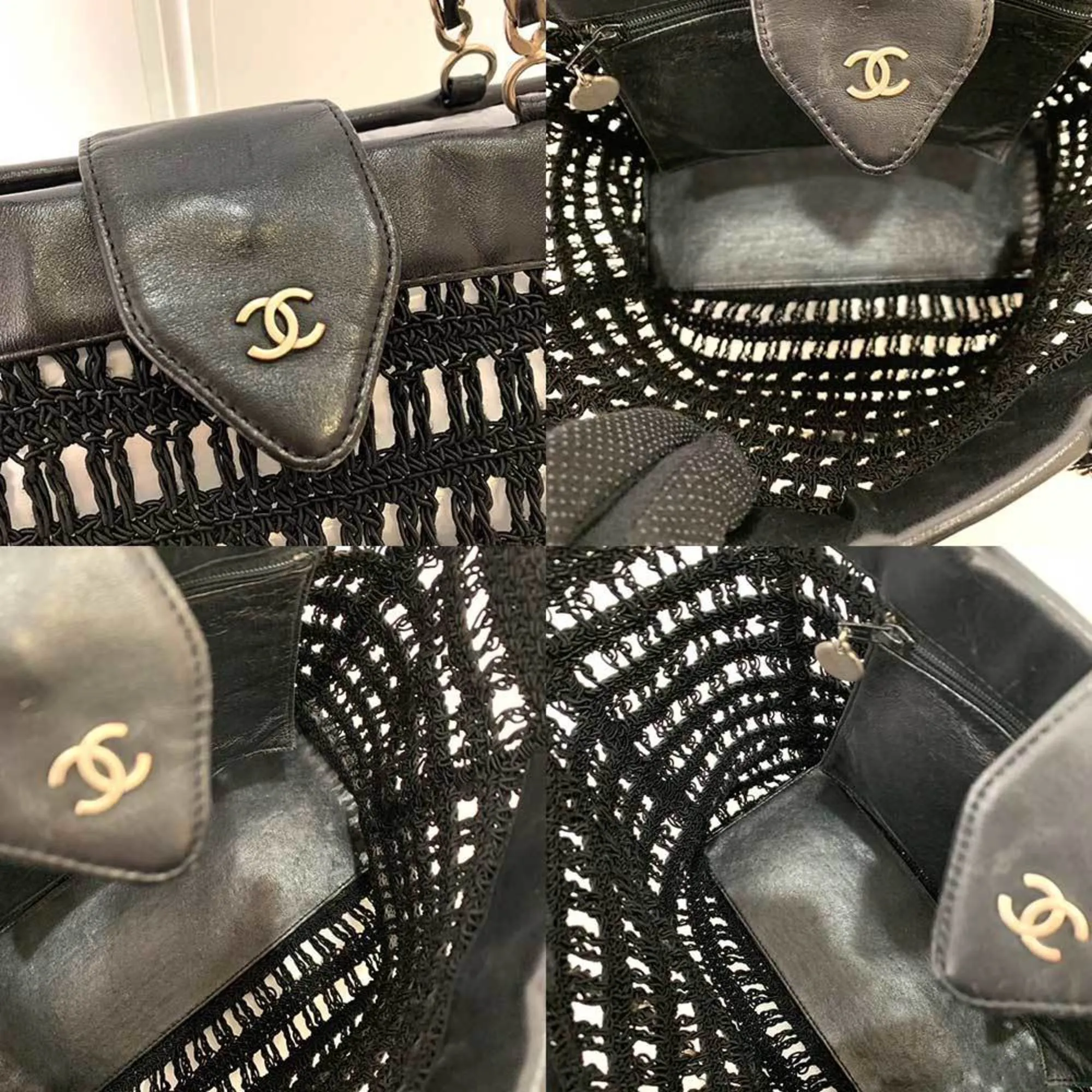 Chanel Bag Chain Tote Black Mesh Stitch HandBag Coco Mark Ladies Canvas x Leather