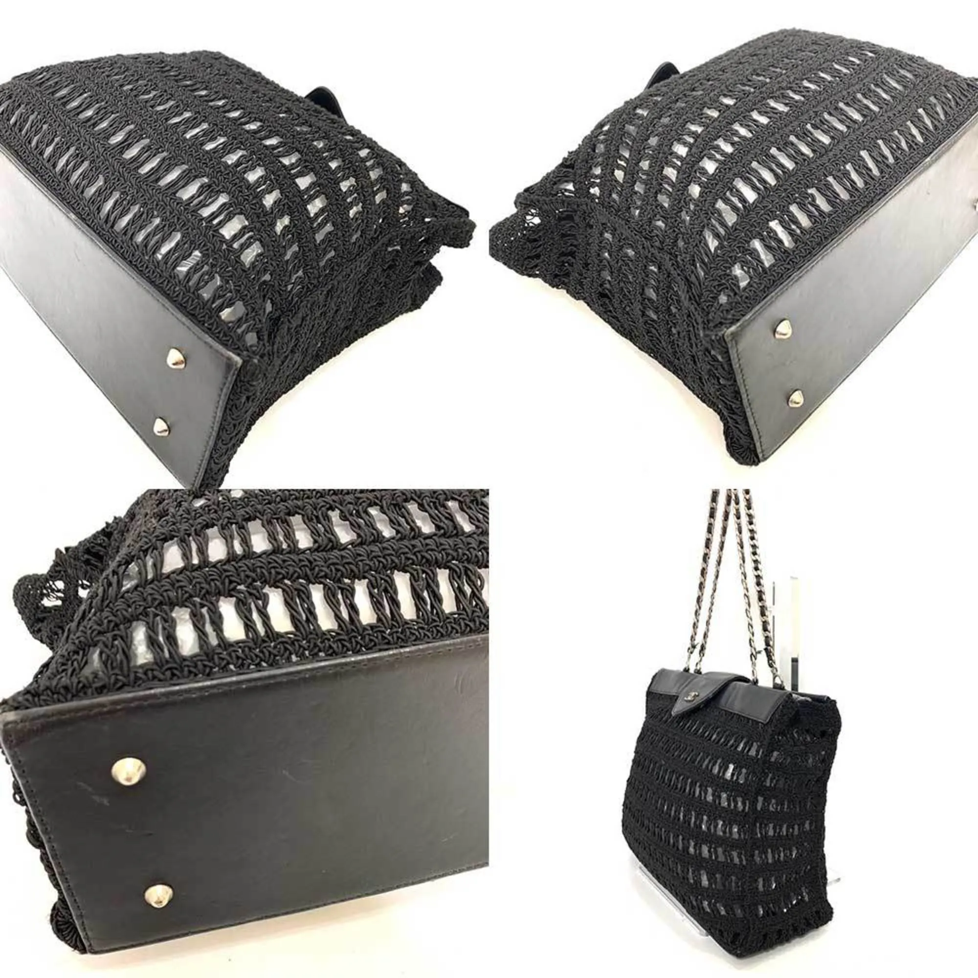 Chanel Bag Chain Tote Black Mesh Stitch HandBag Coco Mark Ladies Canvas x Leather