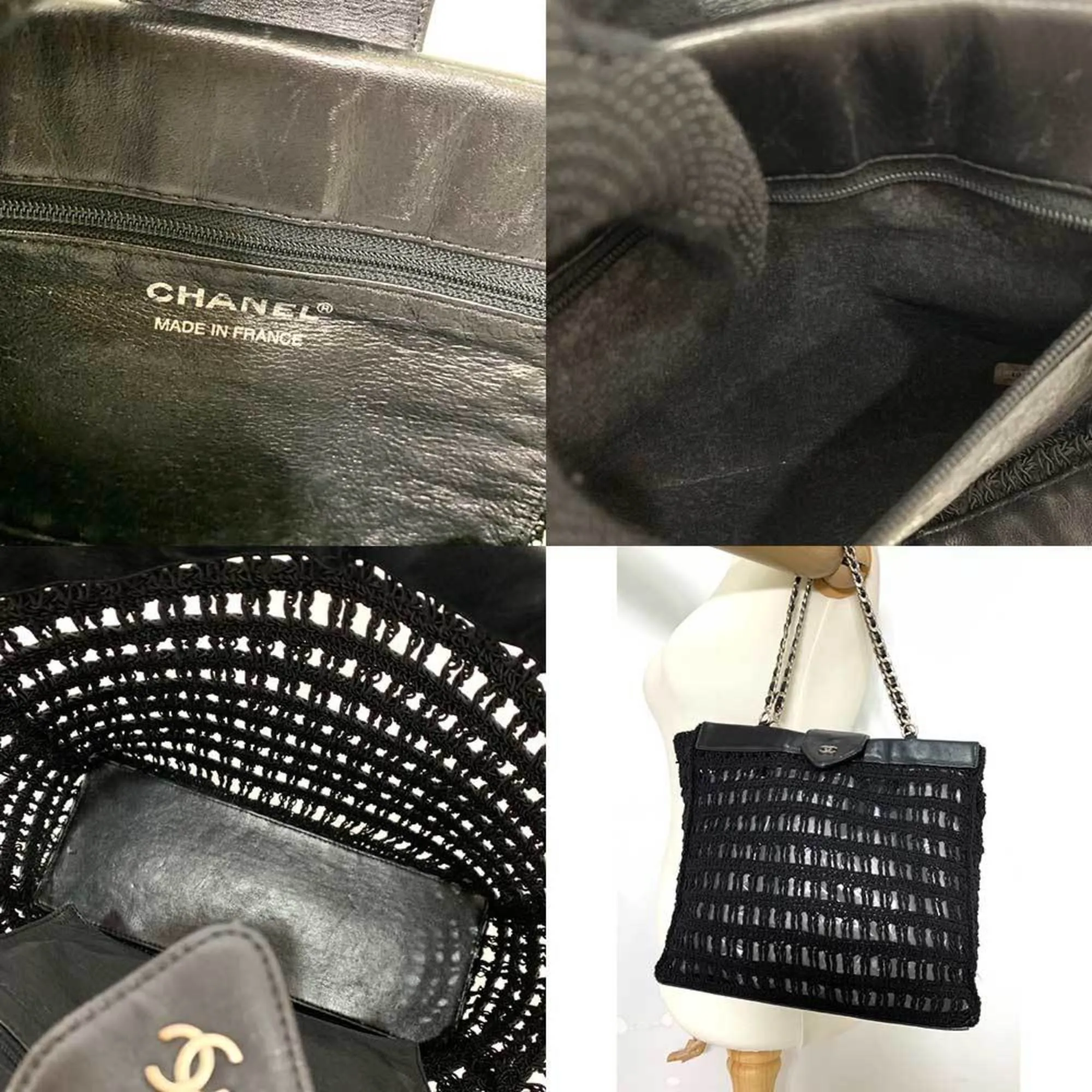Chanel Bag Chain Tote Black Mesh Stitch HandBag Coco Mark Ladies Canvas x Leather