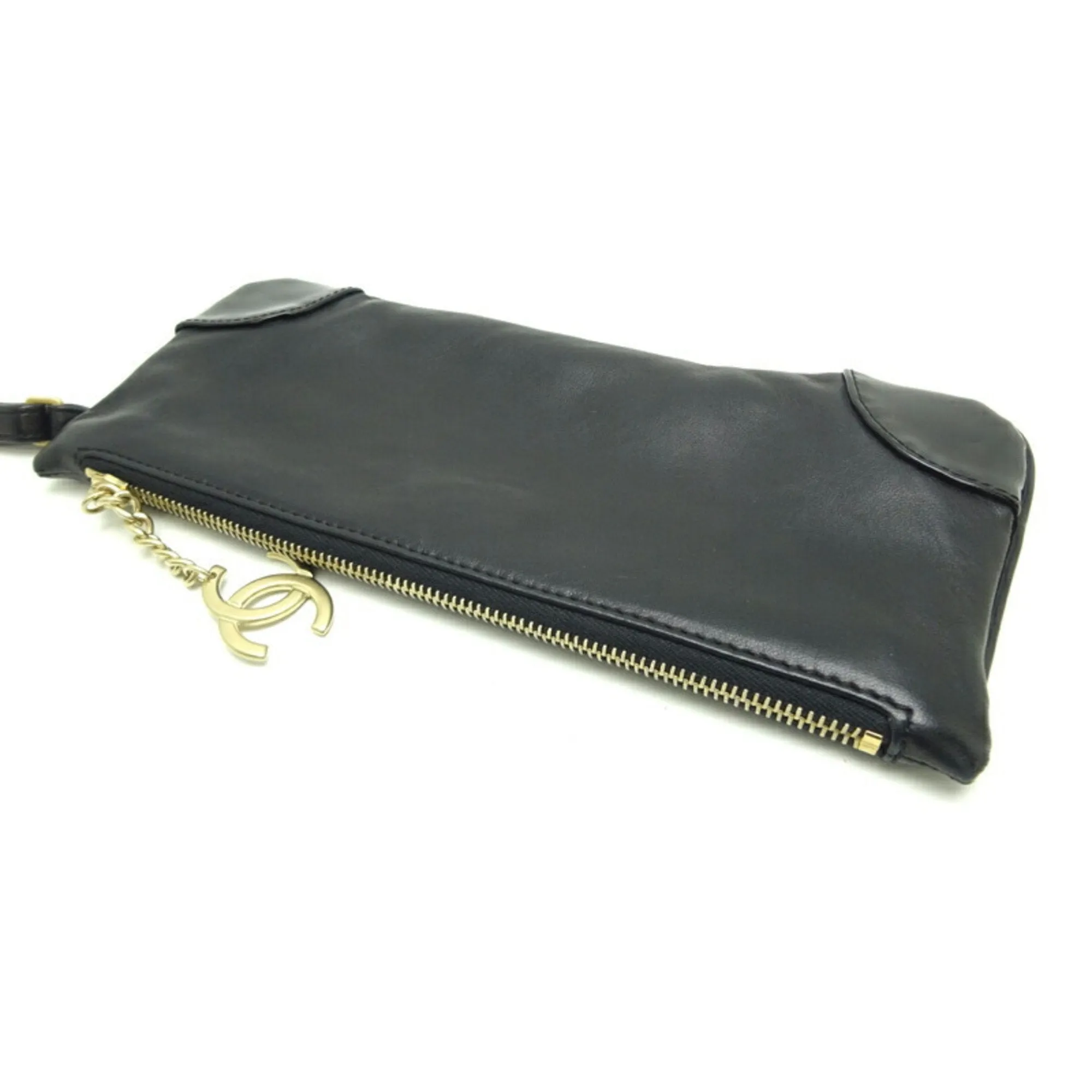 CHANEL Camellia Pouch Women's and Men's Handbag Leather Black