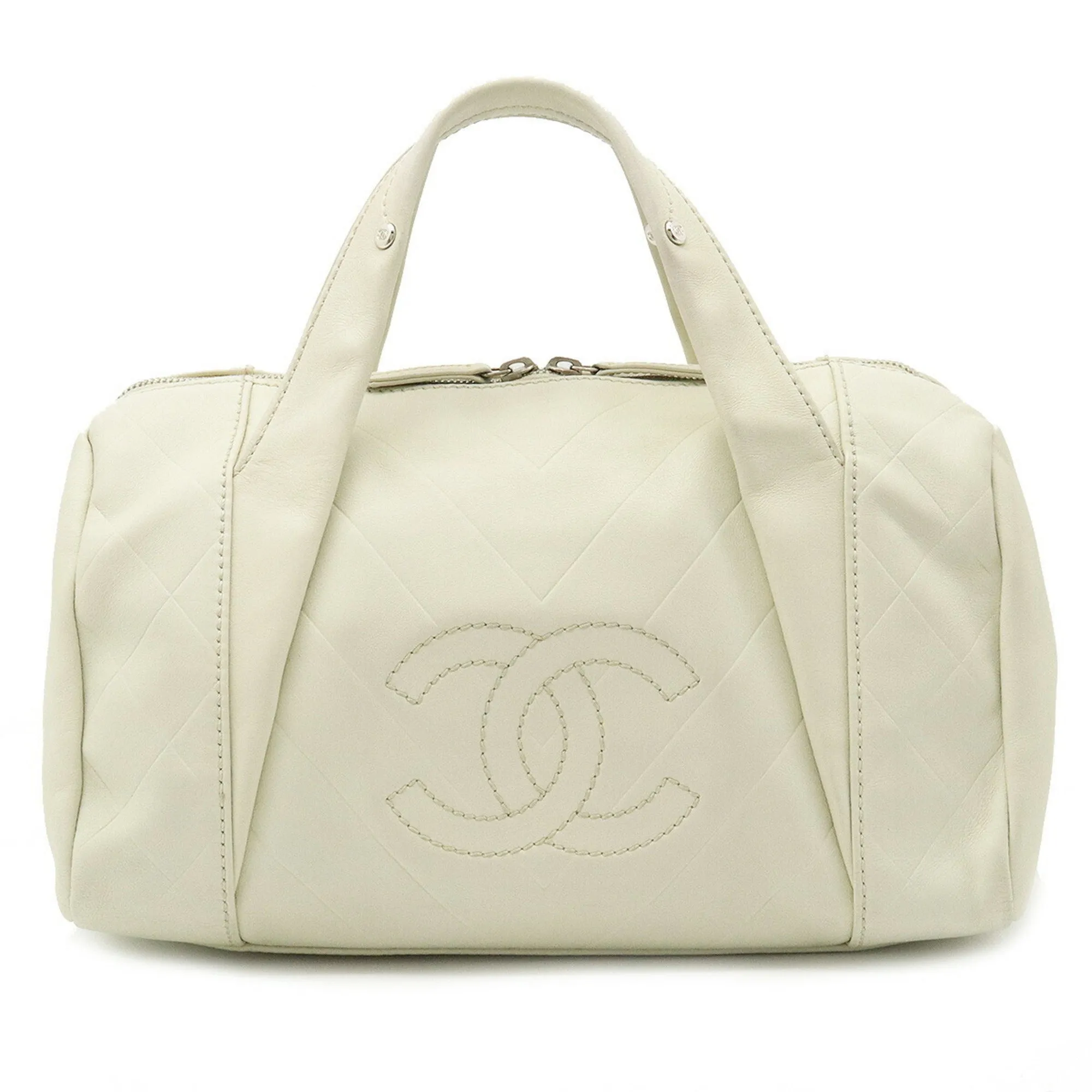 CHANEL Chevron V stitch here mark Boston bag handbag leather ivory A91136