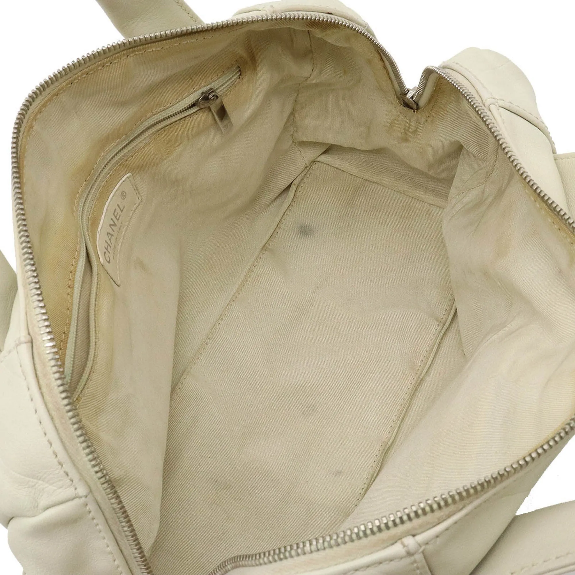 CHANEL Chevron V stitch here mark Boston bag handbag leather ivory A91136