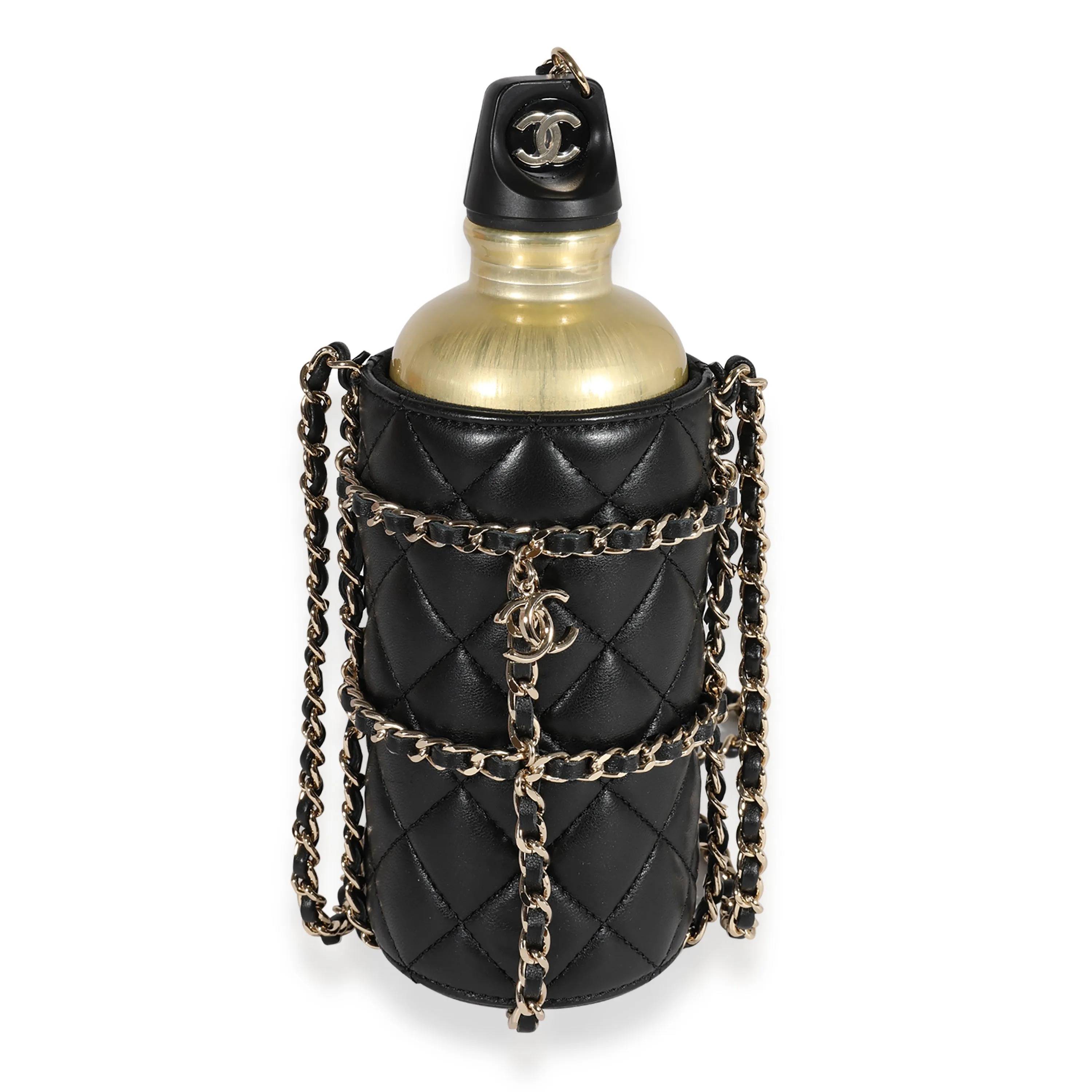CHANEL Gold Metal Water Bottle & Black Quilted Lambskin Holder