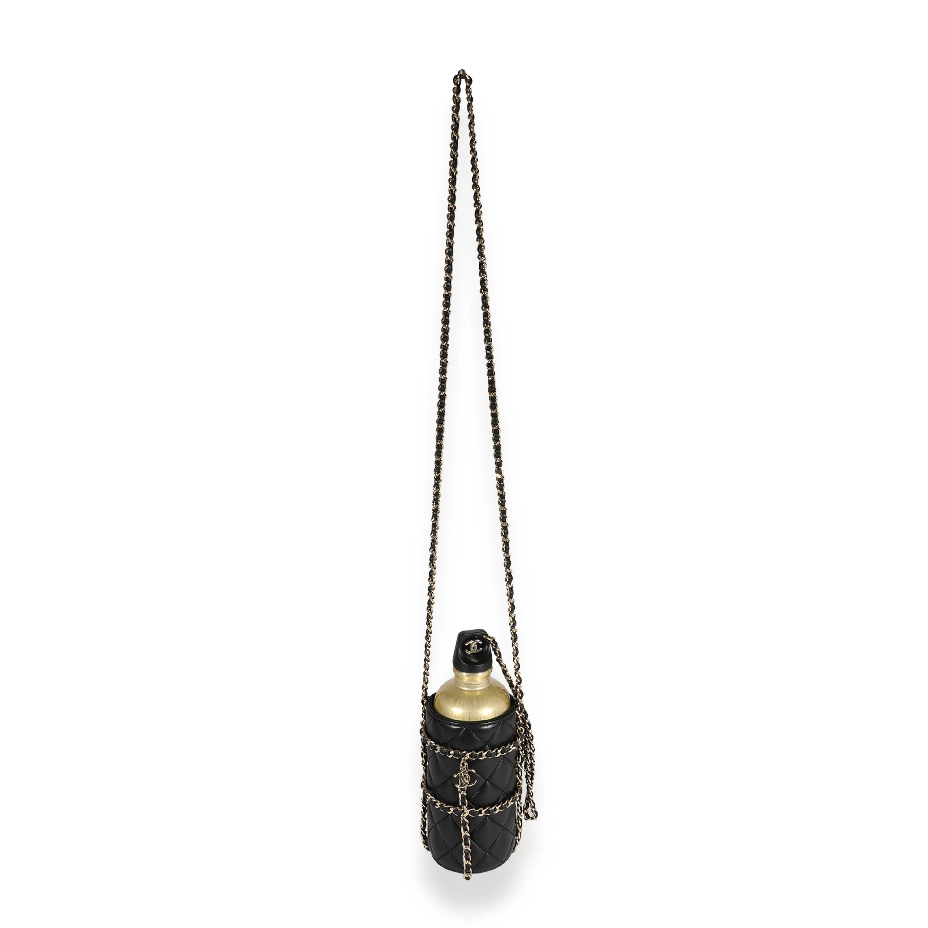 CHANEL Gold Metal Water Bottle & Black Quilted Lambskin Holder