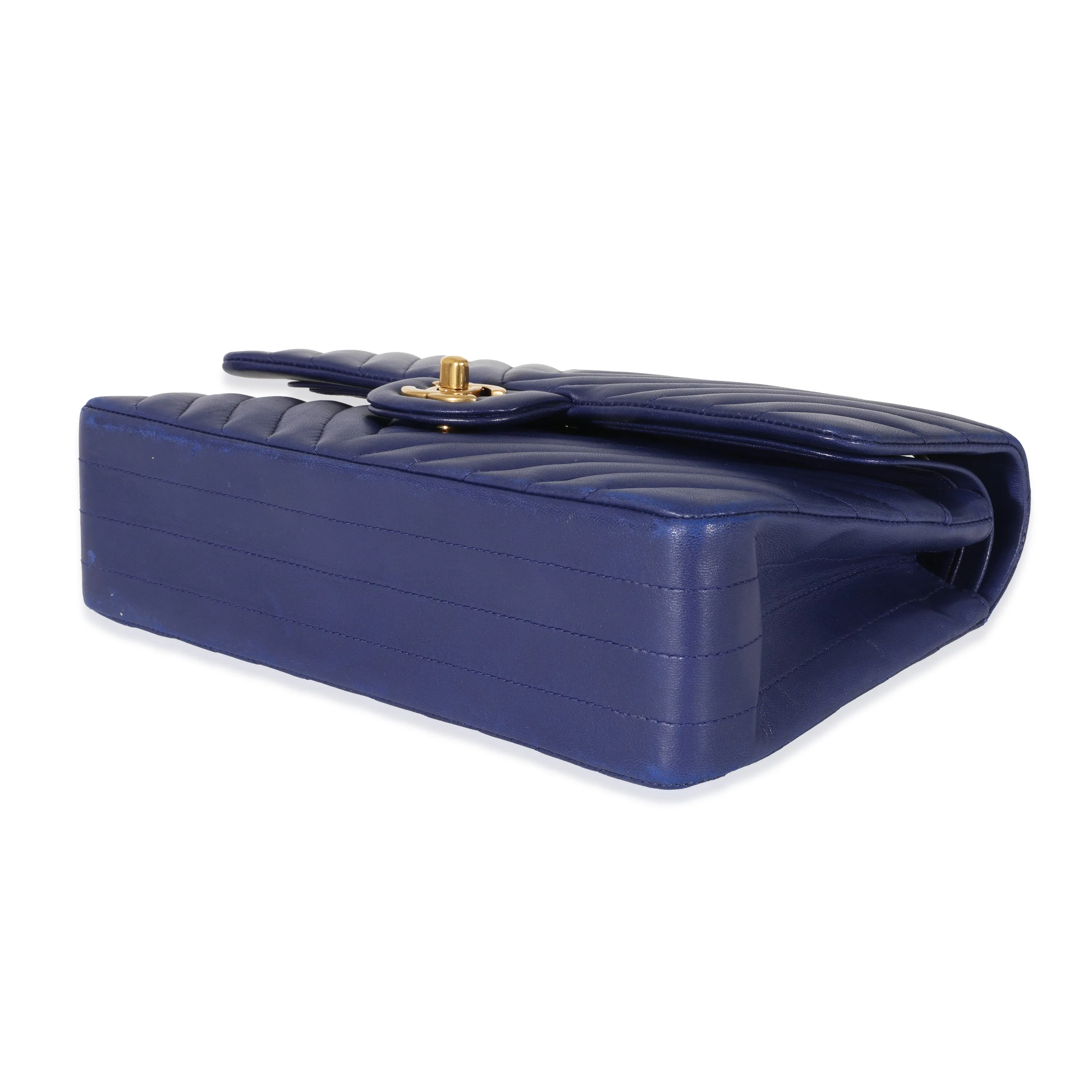 CHANEL Navy Chevron Medium Classic Double Flap