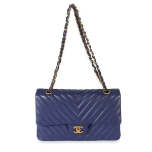 CHANEL Navy Chevron Medium Classic Double Flap