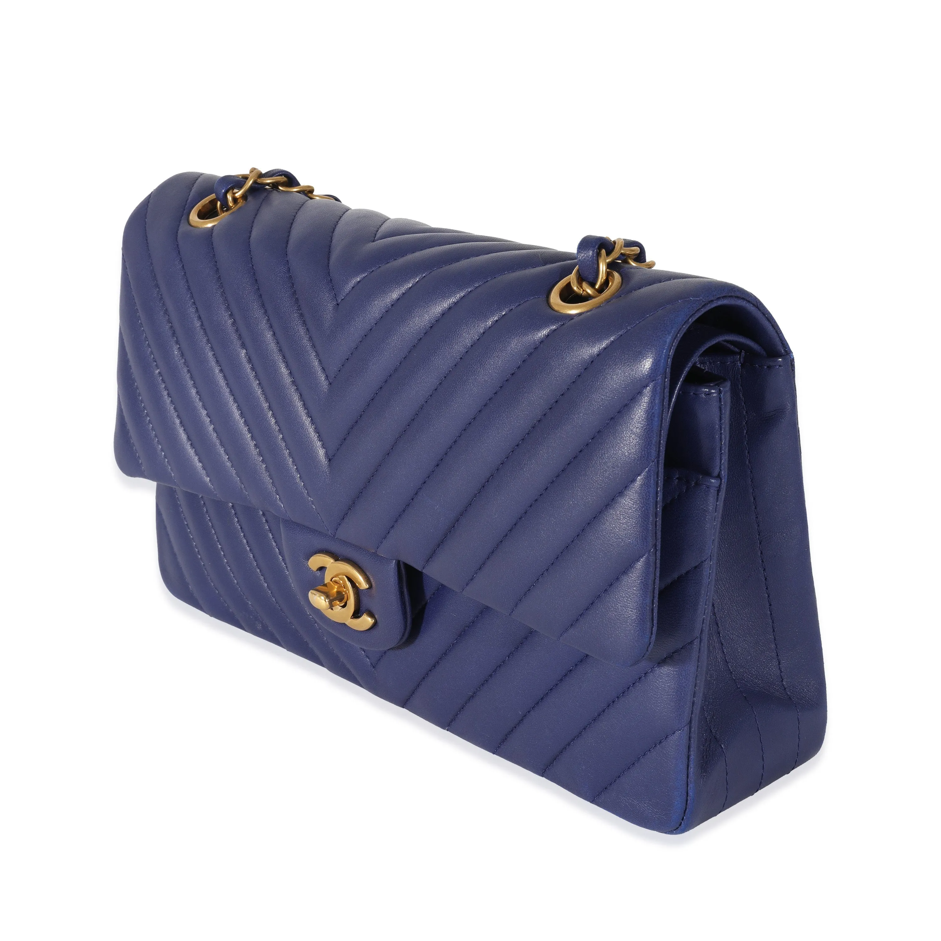 CHANEL Navy Chevron Medium Classic Double Flap