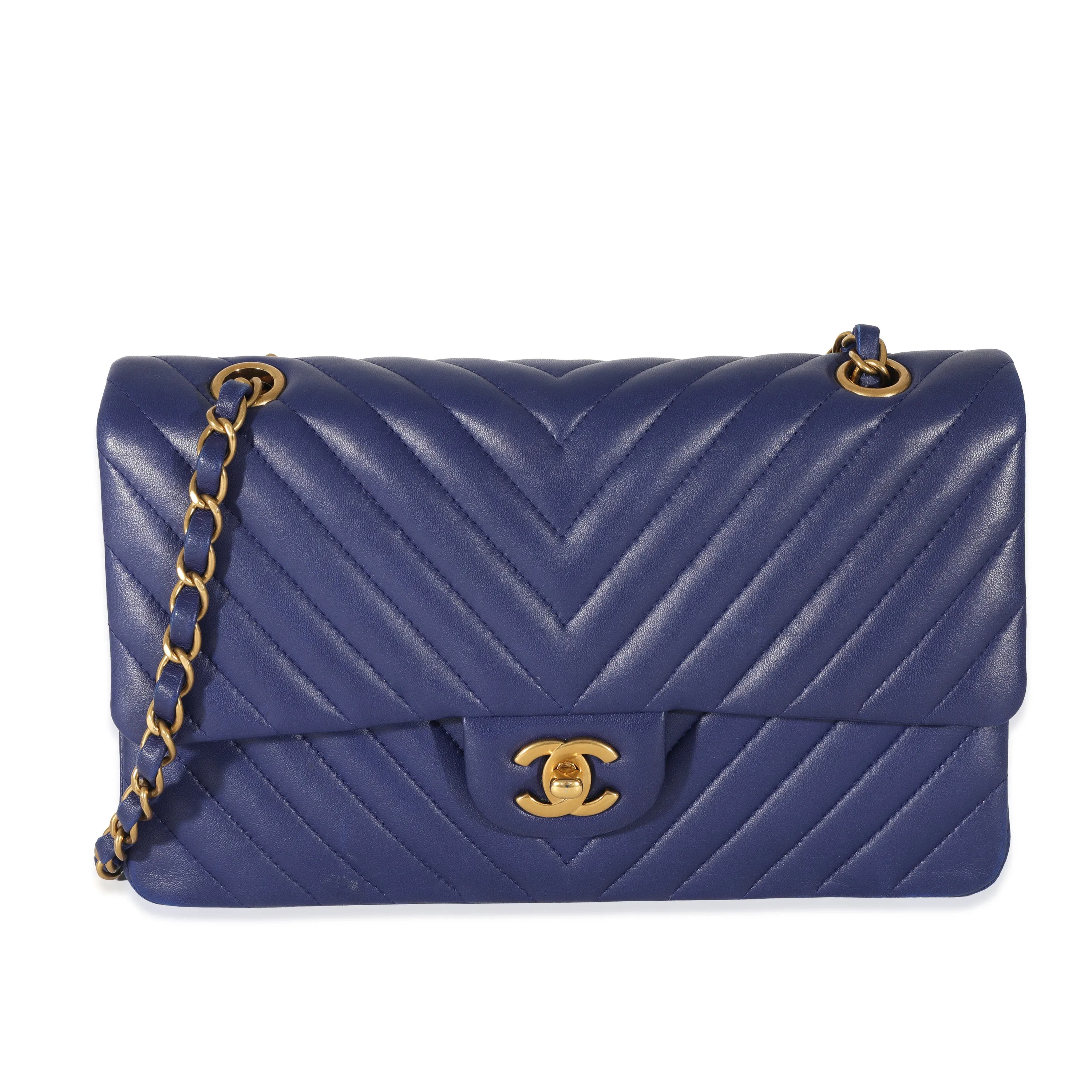 CHANEL Navy Chevron Medium Classic Double Flap